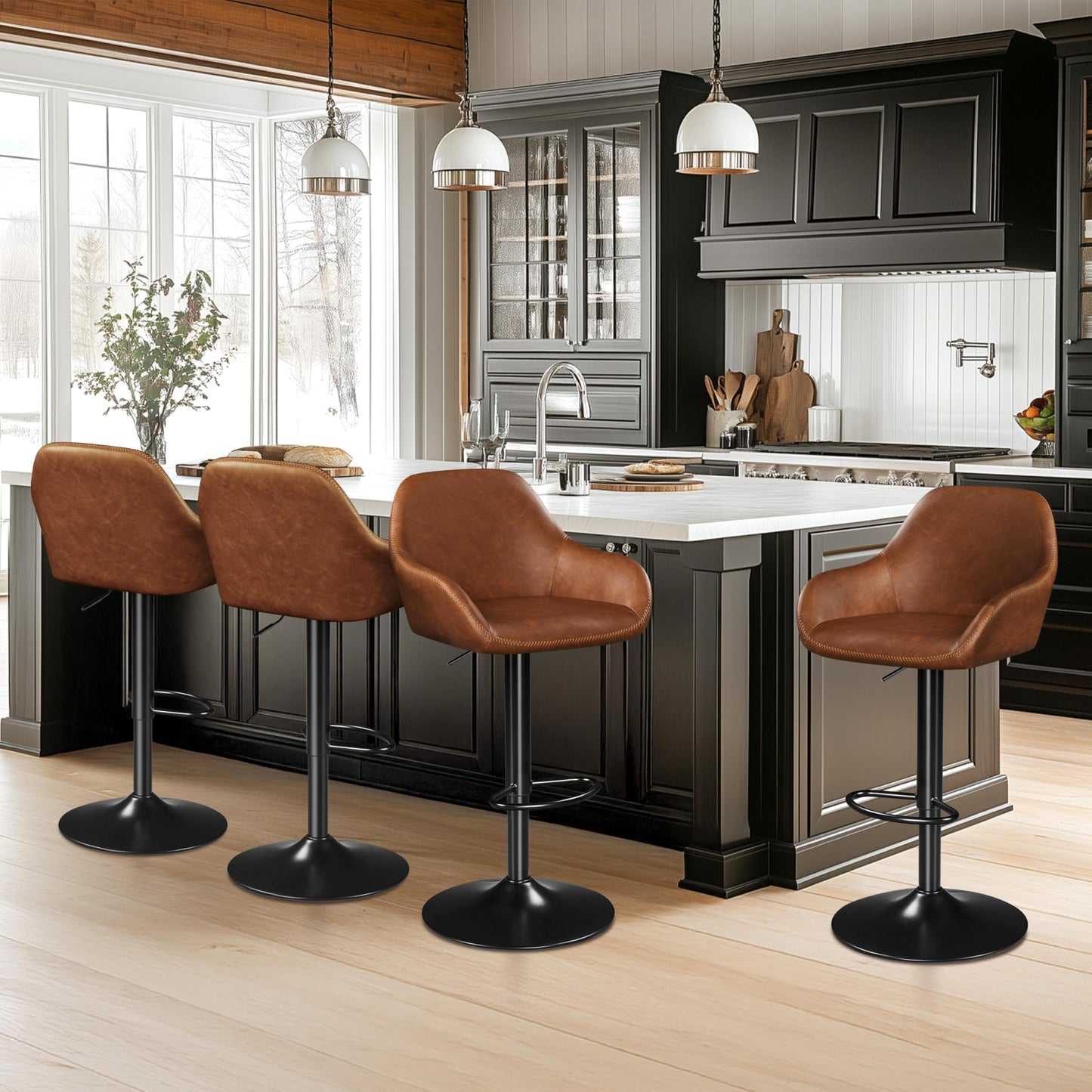 Yaheetech Bar Stools Set of 4, PU Leather Swivel Counter Height Barstools, Adjustable Bar Chairs with Backrest and Footrest, Kitchen Island Stool for Home Kitchen, Retro Brown