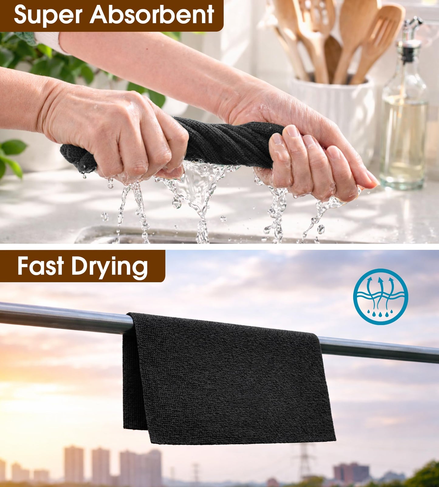 KitchLife Microfiber Cleaning Cloth Roll, 100 Pack - Tear-Away Microfiber Paper Towels, Lint-Free, Reusable, Washable for Kitchen, Car, Dishes, and Sensitive Surfaces (Black)