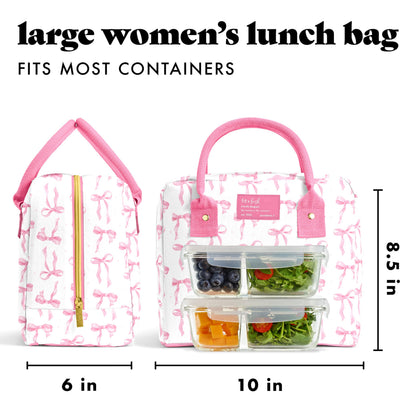 Fit & Fresh Bloomington Lunch Bag for Women - Insulated Large Lunch Box for Work with Containers, Leak-Resistant, Stain-Resistant, Zipper Closure, Pink Bows