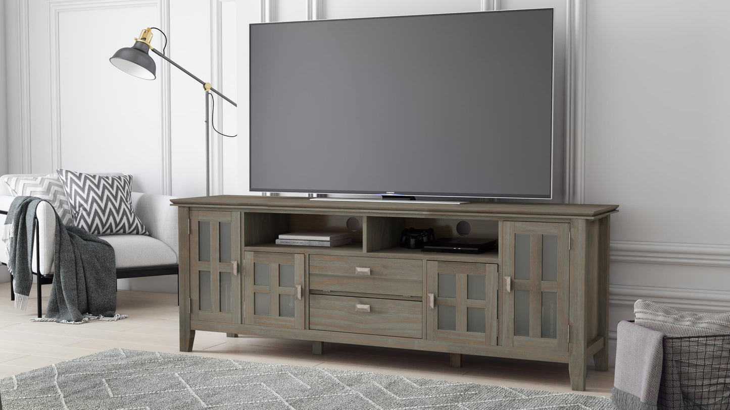 SIMPLIHOME Artisan TV Stand - 72 inch Wide Solid Wood Media Console in Distressed Grey, Contemporary Entertainment Center for Living Room for TVs up to 80 Inches with Drawers and Cable Management