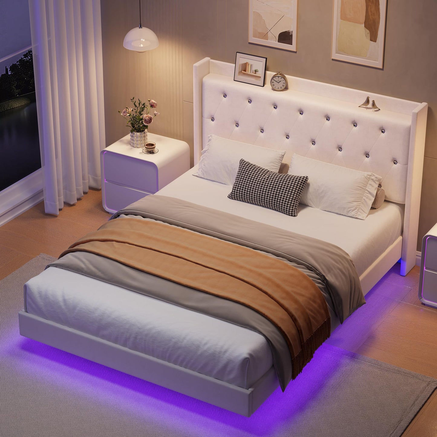 GAOMON Floating Bed Frame Full Size with LED Lights, Velvet Upholstered Platform Full Bed Frame with Wingback Storage Headboard, No Box Spring Needed, Easy Assembly, White