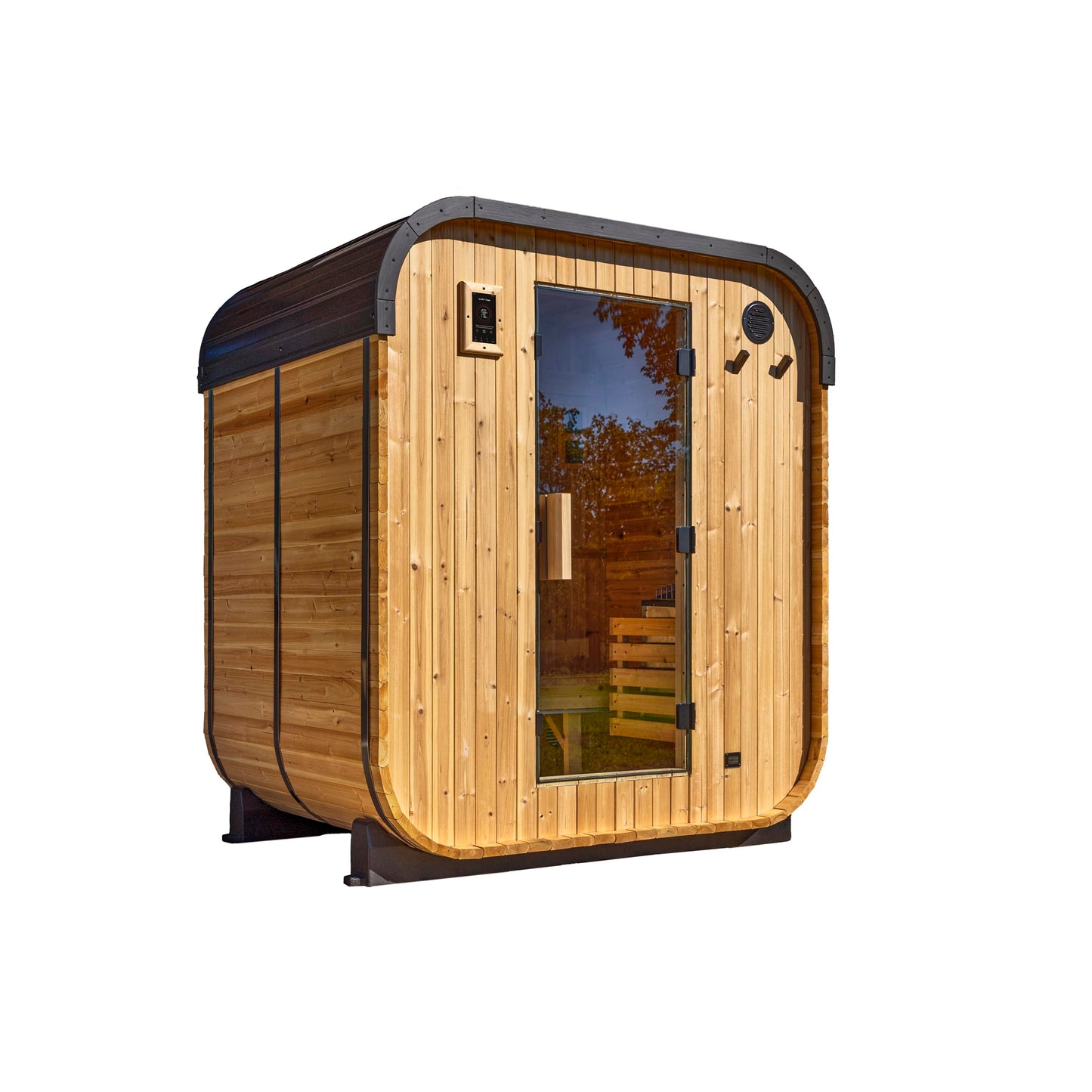 Backyard Discovery Lennon 2-4 Person Traditional Cedar Outdoor Cube Sauna with Electric Sauna Heater, Glass Door, Sauna Rocks, Dry Heat, Steam Sauna, LED Lights, Wi-Fi Control, Sauna Accessories