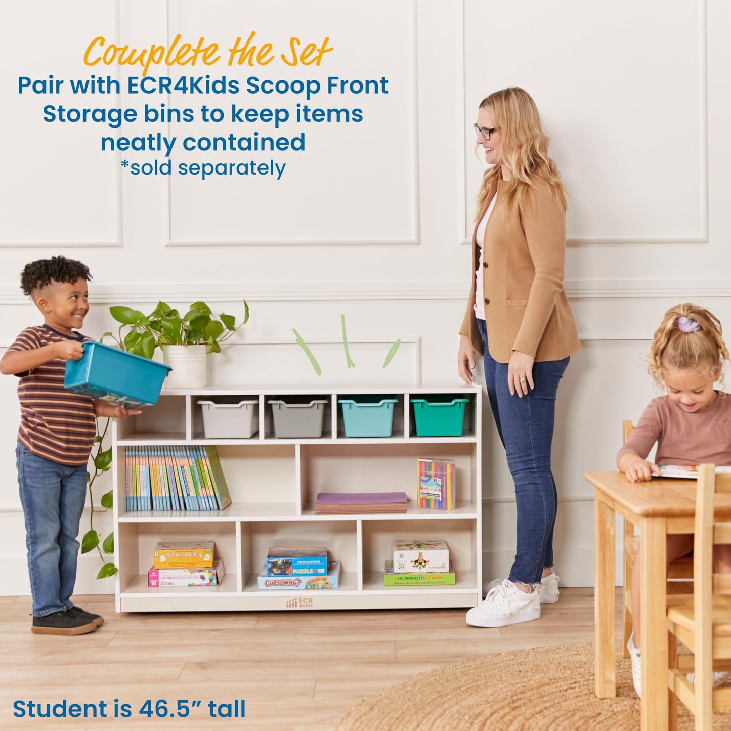 ECR4Kids 5+5 Cubby and Storage Mobile Tray Cabinet, Classroom Furniture, White Wash