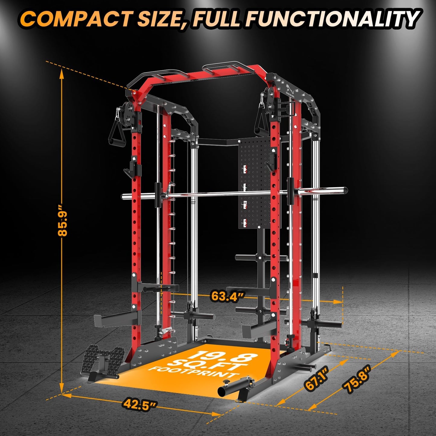 Patikuin Heavy-Duty Power Cage Smith Machine – Multi-Functional Comprehensive Home Gym Rack with Cable Crossover, Dual Pulley, LAT Pulldown, Dip Bars, Tricep Rope – Space-Saving, Black-Red