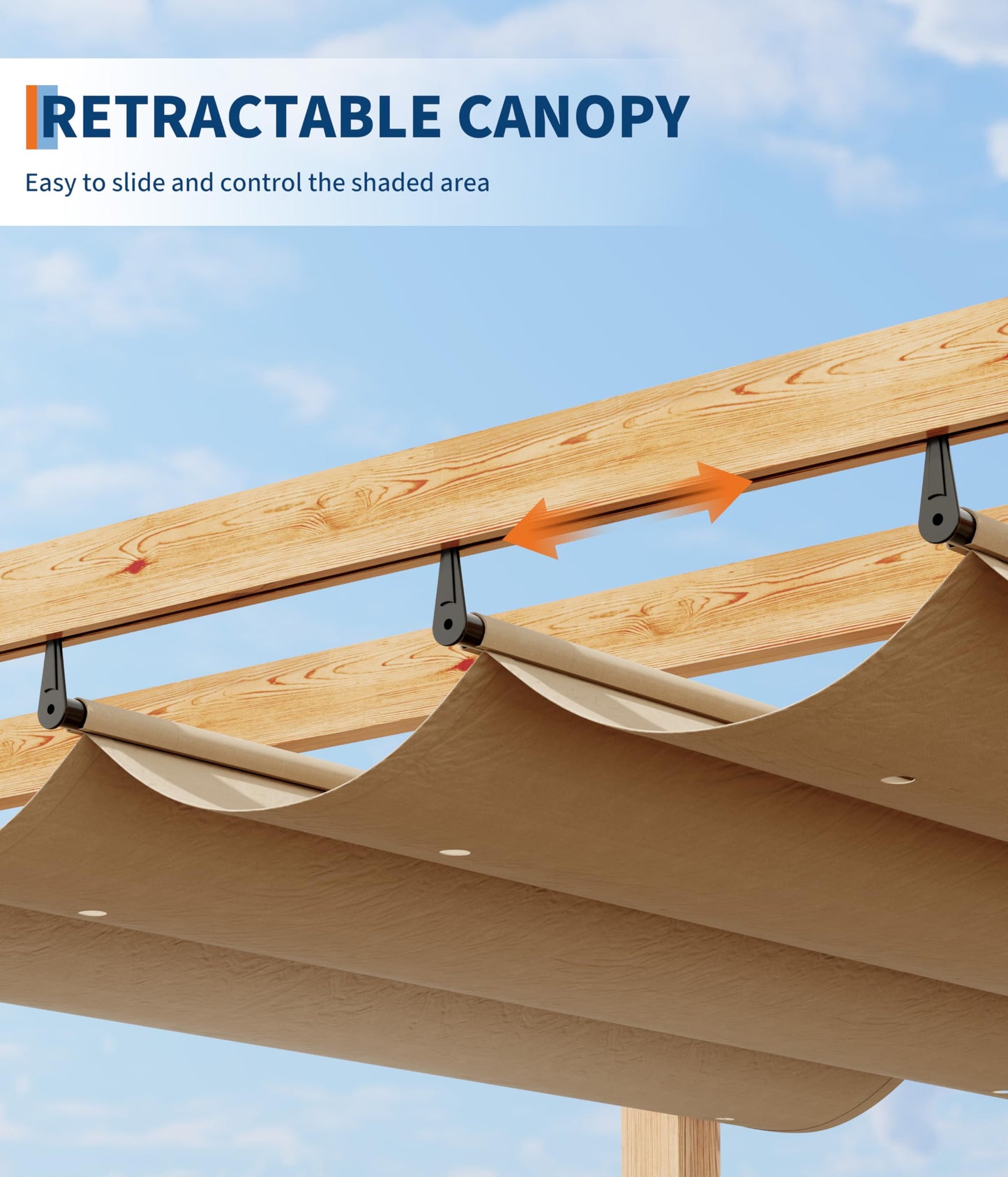 GarveeLife 10 x 10 ft Wood-Grain Aluminum Pergola Outdoor Pergola with Retractable Canopy for Garden Patio Backyard Deck - Khaki