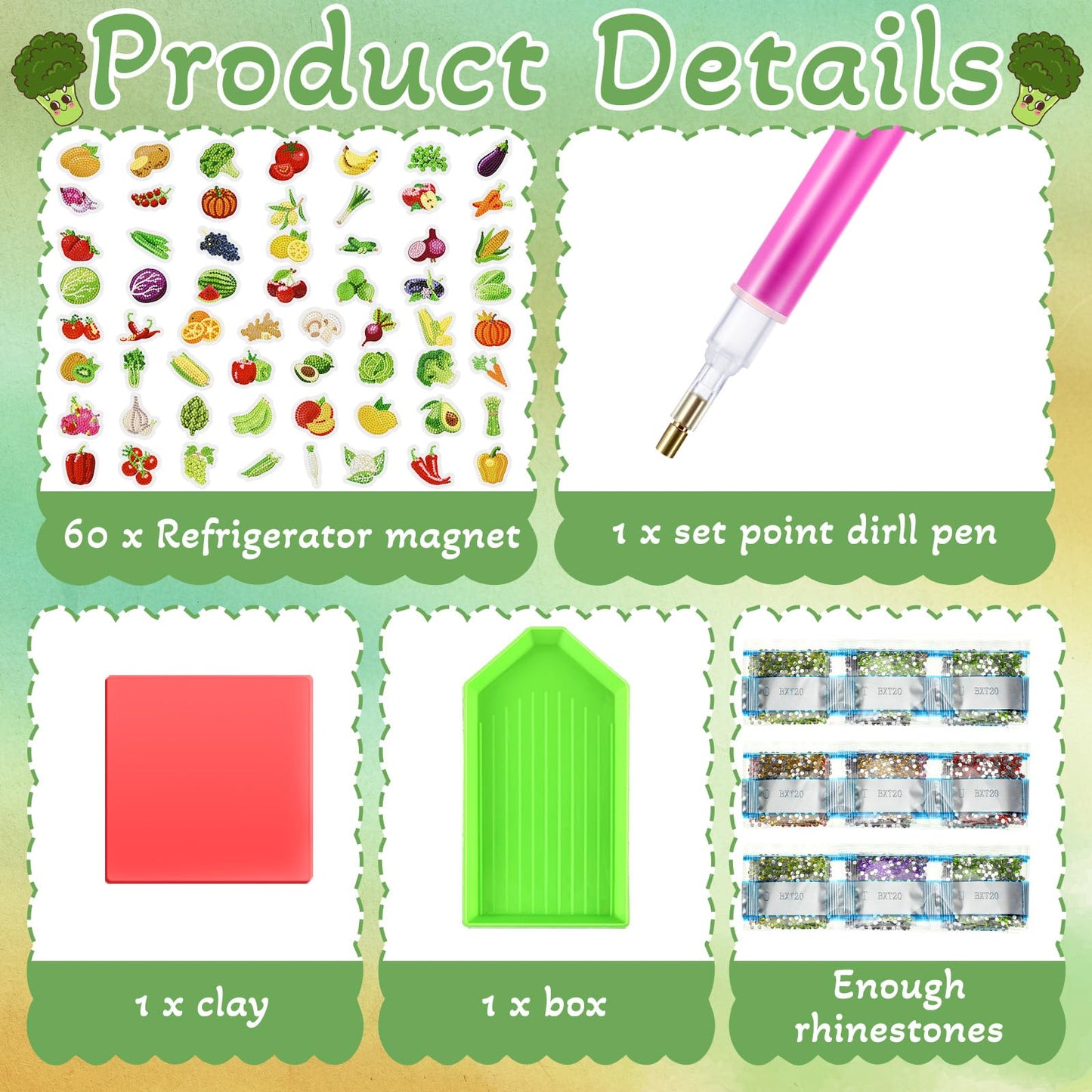 Xuhal 60 Pcs Vegetables Diamond Painting Magnets Fruits Diamond Art Magnet Kits for Adults 5d Rhinestone Rustic Farmhouse Fruit Refrigerator Magnetic Sticker for Fridge Beginner DIY Crafts Farm Gifts