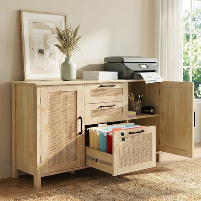 HOPUBUY 3 Drawer and 2 Doors File Cabinet with Lock, Printer Stand Lateral Filing Cabinets for Home Office and School, Wood Rattan File Cabinet for Hanging Files/Letter/Legal/A4/F4 Size, Natural Wood