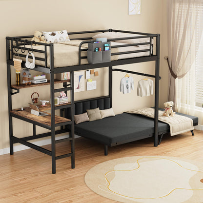 Twin Loft Bed with Matteress, Heavy Duty Metal Bunk Bed Frame with Pull-Out Folding Bed and Desk, Dual-Access Bed, Charging Station, 2-Tier Adjustable Shelves, Safety Guard Rail & Ladder (Dark Black)