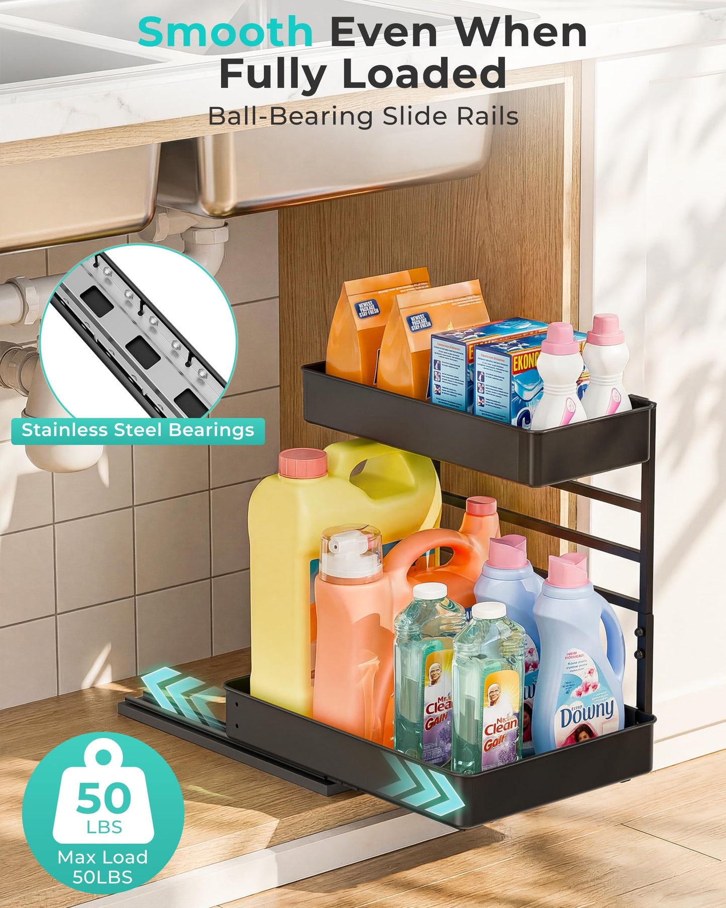 EVERIE Height Adjustable 2 Tier Metal Pull Out Slide Shelf Organizer for Under Sink Cabinets in Kitchen, Bathroom, with Snap-on Top Tray, 16" Deep (Black, 2 Sets)