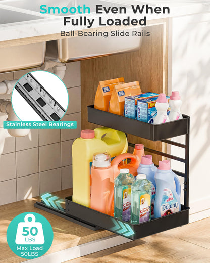 EVERIE Height Adjustable 2 Tier Metal Pull Out Slide Shelf Organizer for Under Sink Cabinets in Kitchen, Bathroom, with Snap-on Top Tray, 16" Deep (Black, 2 Sets)
