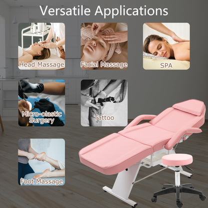 hereyova Massage Salon Chair with Two Trays Esthetician Bed with Hydraulic Stool,Multi-Purpose 3-Section Facial Bed Table, Adjustable Beauty Barber Spa Beauty Equipment, Pink