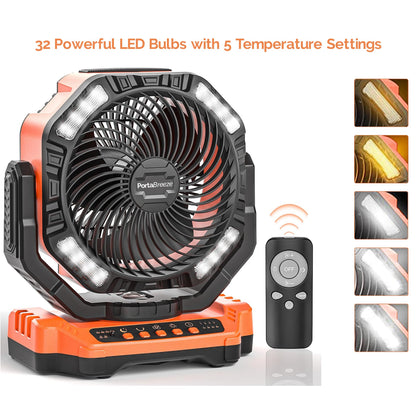 Porta Breeze 40000mAh Rechargeable Camping Fan w Light, Portable Battery Operated High Velocity Floor Table Fan; Oscillating w Timer, Remote for Outdoors, RV, Jobsite, Dorm, Patio, Weather Emergencies