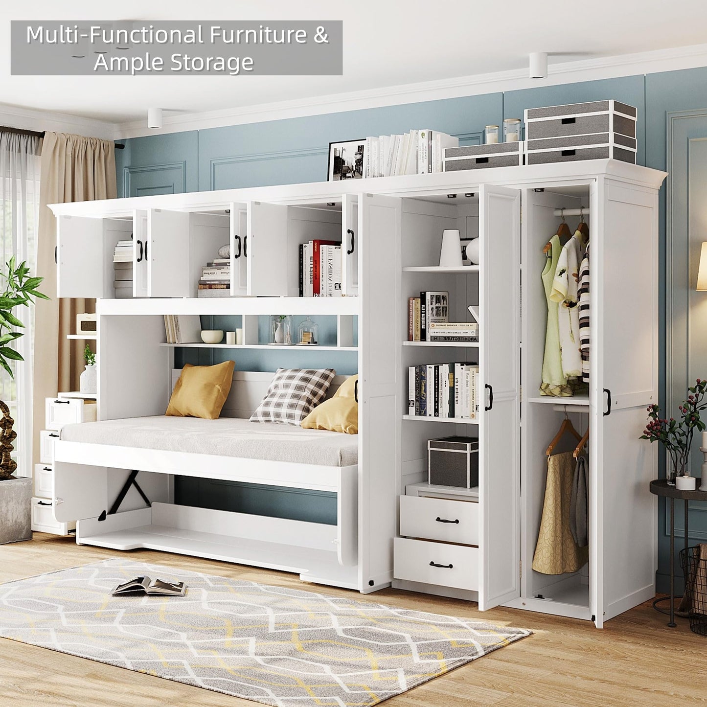 Merax Twin Size Murphy Bed with Desk, Multifunctional Wood Foldable Wall Bed with Wardrobe, Drawers and Cabinet, Space-Saving Hidden Bed for Guest Room Office, No Box Spring Needed, White