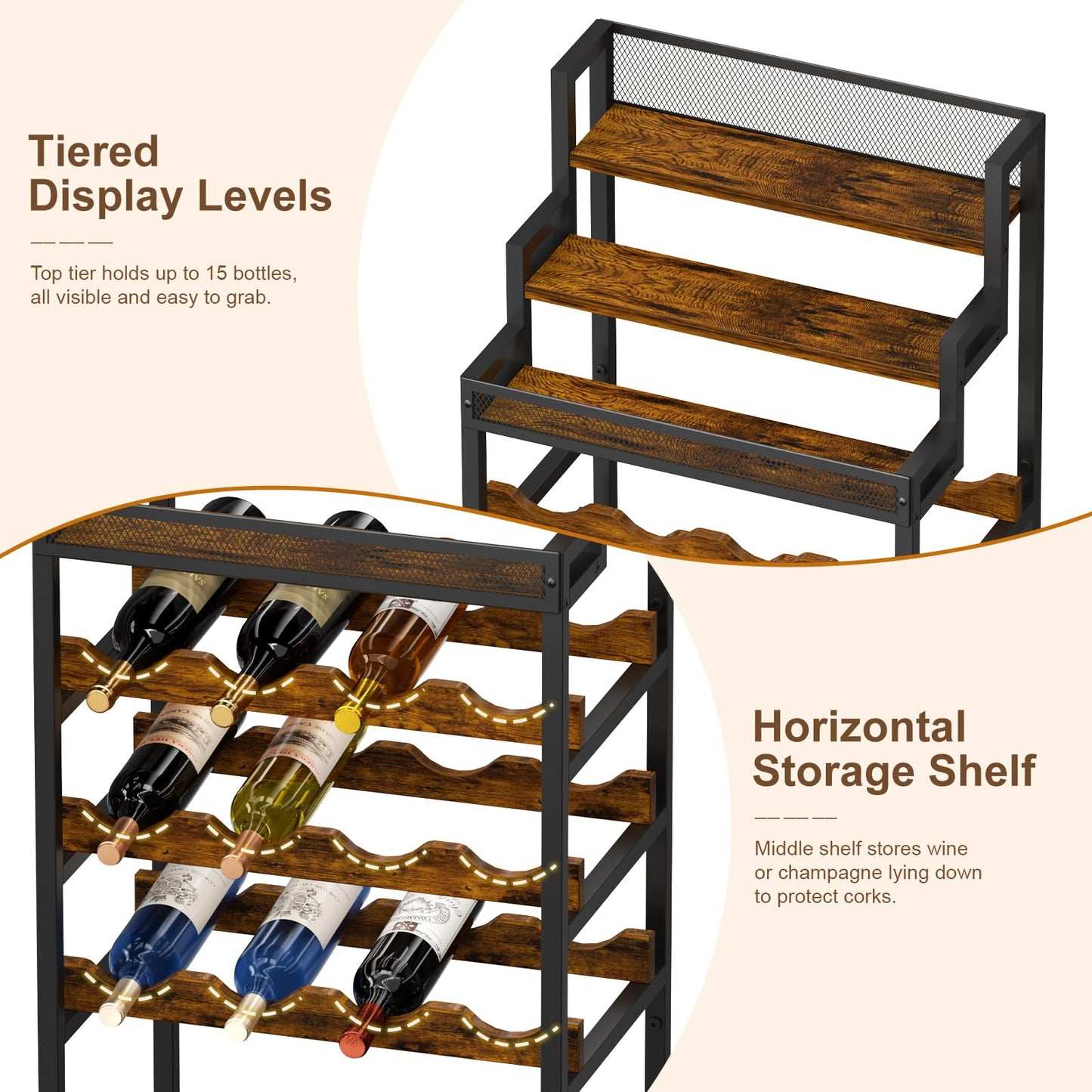 Tiered Wine Rack and Liquor Cabinet, Large Capacity Freestanding Floor Wine Storage Shelf for Red Wine, Champagne & Whiskey, Stepped Bottle Display Stand for Home Bar, Living Room, Corner, Dining Room