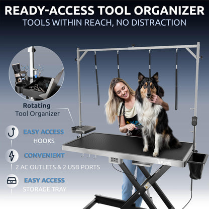 KANIS Professional Electric Dog Grooming Table - Heavy Duty, Height Adjustable Pet Grooming Table w/Leveling Wheels, Grooming Arm, Anti-Slip Tabletop & Tool Organizer/Dog Grooming Station (Black, 49")