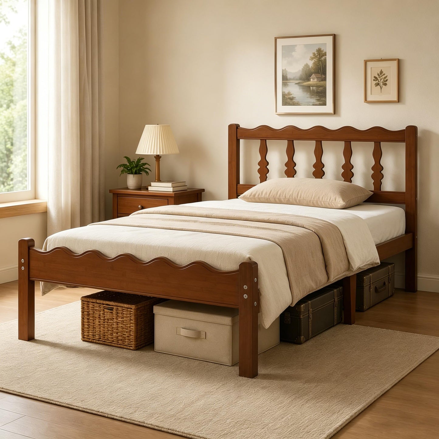 Bednowitz 14 Inch Twin Bamboo Bed Frame with Mid-Century Wavy Headboard, Heavy Duty Solid Wood Platform Bed with Metal Slats, Noise-Free, Easy Assembly, Walnut Finish