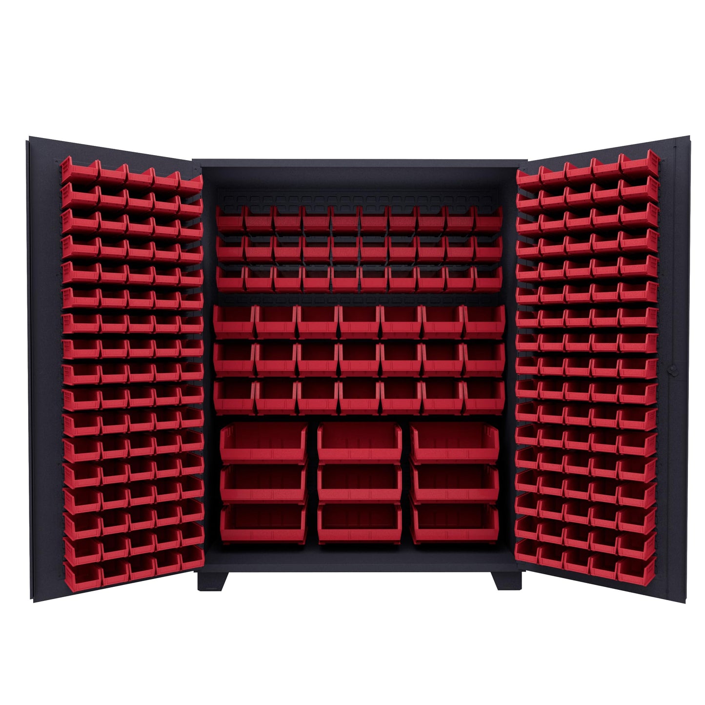 Jamco Tool Storage Cabinets with Bin Mounts, Model DE, Includes 230 Bins, 60-Inch W x 24-Inch D x 78-Inch H, Red Bins
