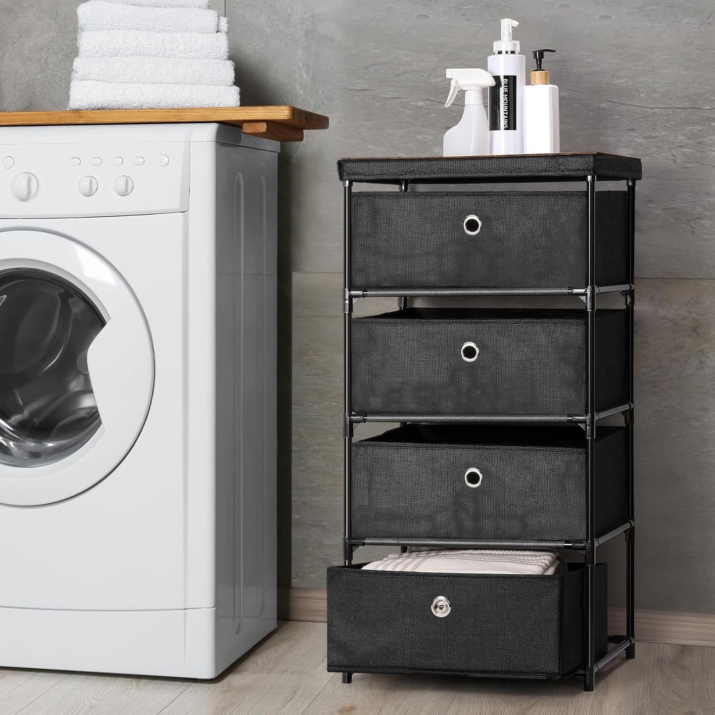 MOOACE Fabric Storage Dresser with 4 Drawers, Clothes Organizer and Storage Tower, Black