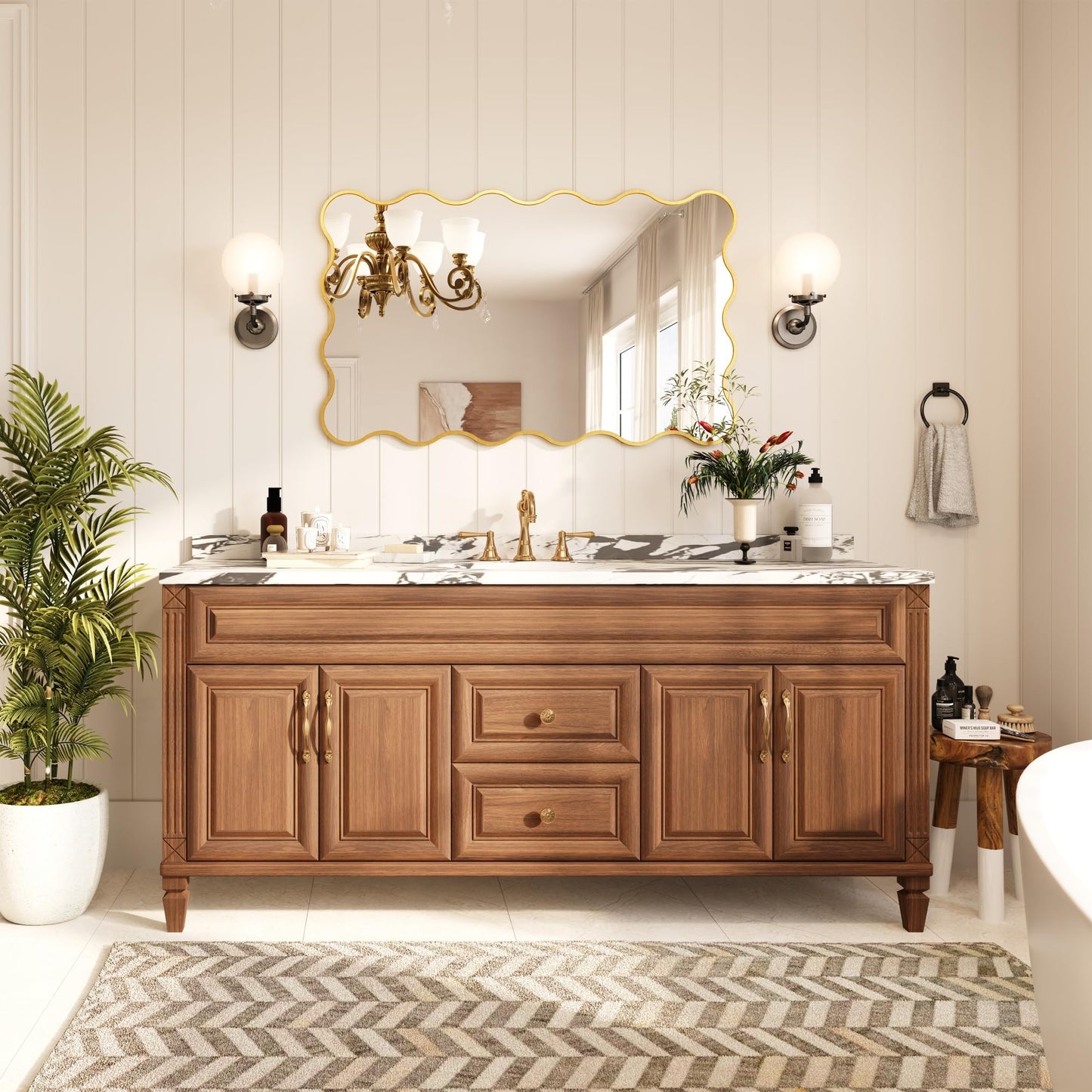 Kelly Miller 30x48 Inch Gold Scalloped Mirror, Large Rectangular Wavy Edge Bathroom Vanity Wall Mirror Decorative for Bedroom Living Room Entryway Fireplace Mantle