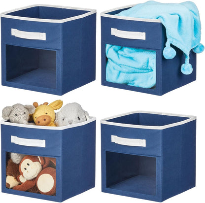 Closet 4 Pack, mDesign Fabric Nursery/Playroom Storage Organizer Bin Box with Front Handle/Window for Cube Furniture