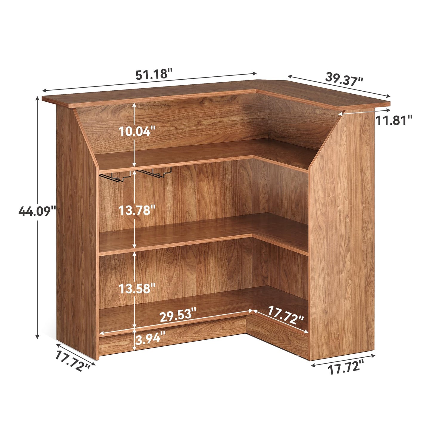 LITTLE TREE Bar Cabinet, 4-Tier Home Mini Bar Cabinet with Stemware Rack, Freestanding Wooden Storage Cabinets, Modern L-Shaped Liquor Table Cabinets for Living Room, Dining Room, Orange Brown