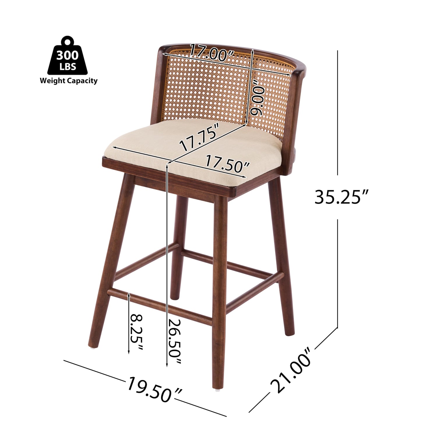 Christopher Knight Home Aphe Counter Height Bar Stools Set of 2, Fabric Upholstered Bar Stool for Kitchen Island, Rubberwood Counter Stools with Woven Rattan Backrest, Beige + Dark Walnut