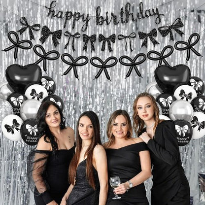 Bow Coquette Birthday Decorations - Black & Silver Party Set with Happy Birthday Banner & Heart Foil Balloons