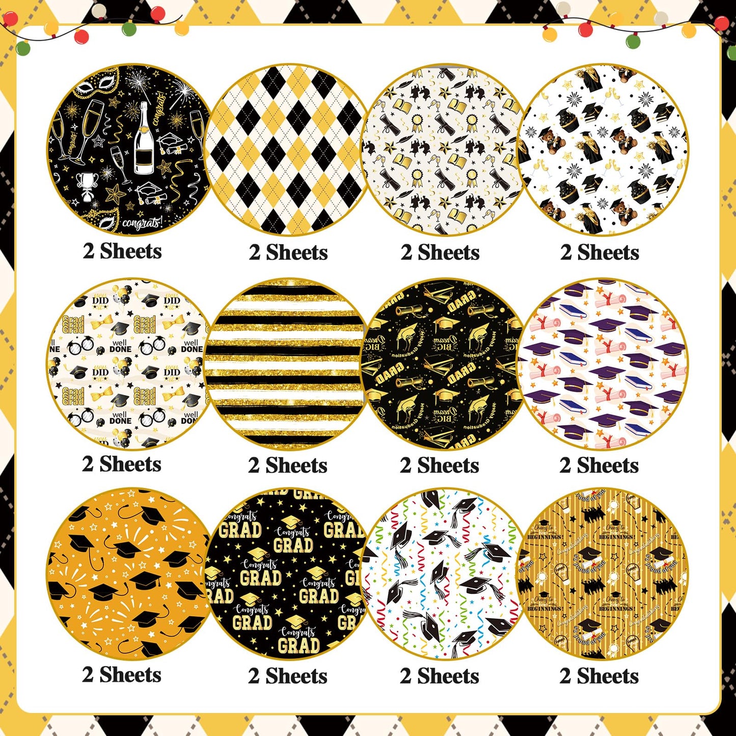 Konsait 24 Sheets Graduation Scrapbook Paper 12x12, Double Sided Grad Patterned Paper Black and Gold Decorative Cardstock Graduation Origami Papers for Card Making Scrapbook Supplies