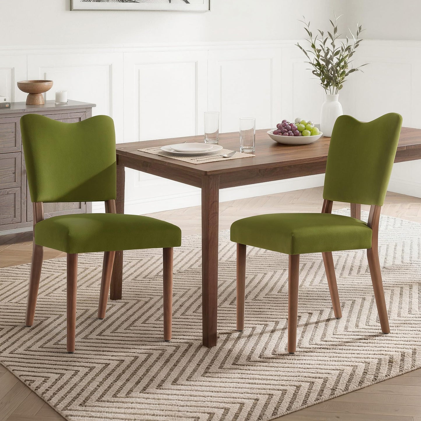 KISLOT Upholstered Dining Chairs Set of 4, Modern Velvet Kitchen Chairs with Solid Wood Legs, High Back Wooden Dining Room Chairs with Dark Walnut Color Legs for Farmhouse Kitchen Dining Room, Green