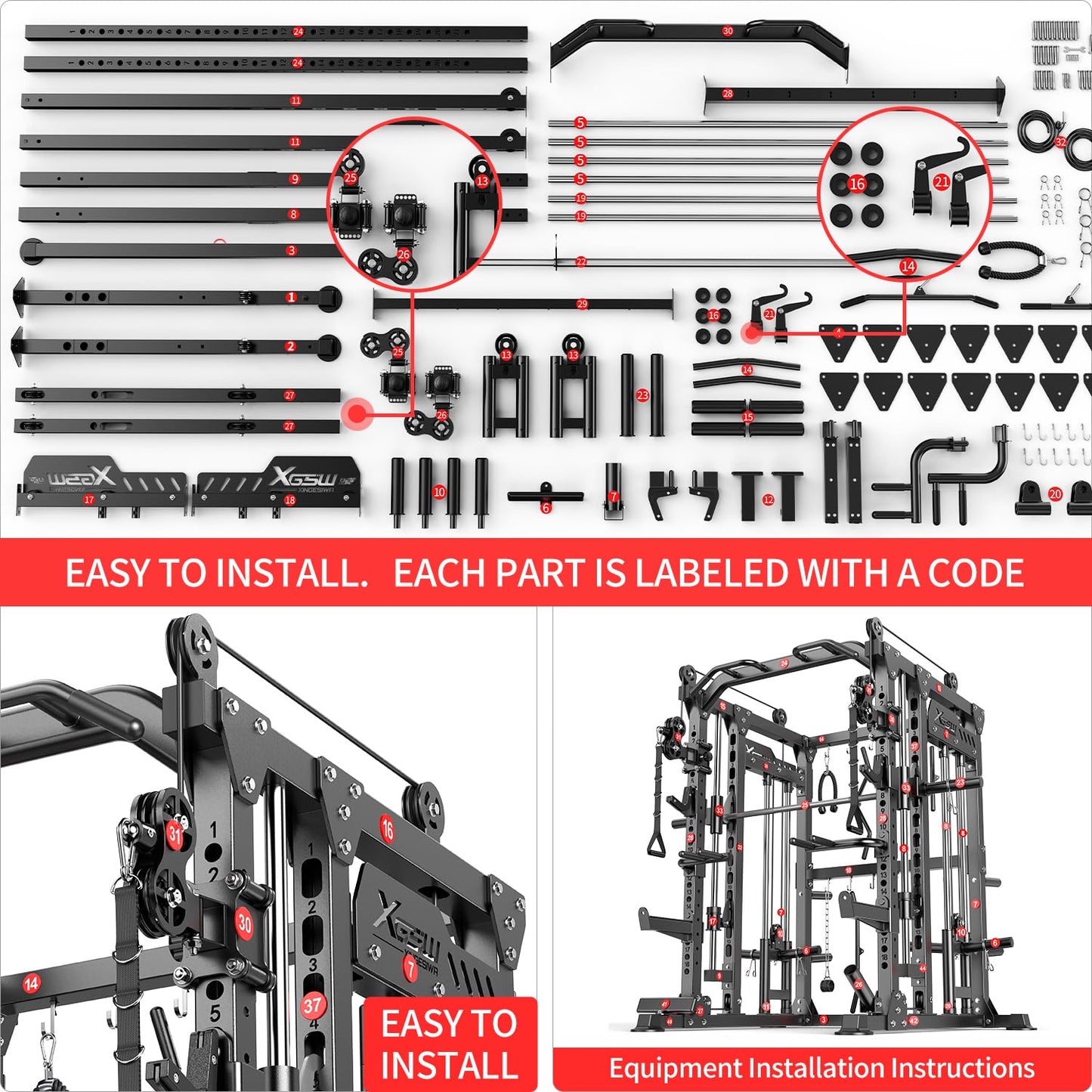 XGSW XINGESIWR Multi-Purpose Squat Rack,Smith Machine Weight Rack Set with Cable Crossover System, Home Gym Power Racks, Power Racks and Packages (L04, Power cage Black+Bench+Cast lron 184LBS)