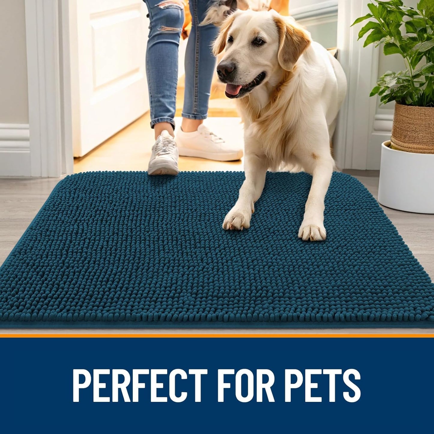 OLANLY Dog Door Mat - Absorbent Non-Slip Washable Doormat for Muddy Paws | 44x24, Atlantic Blue
