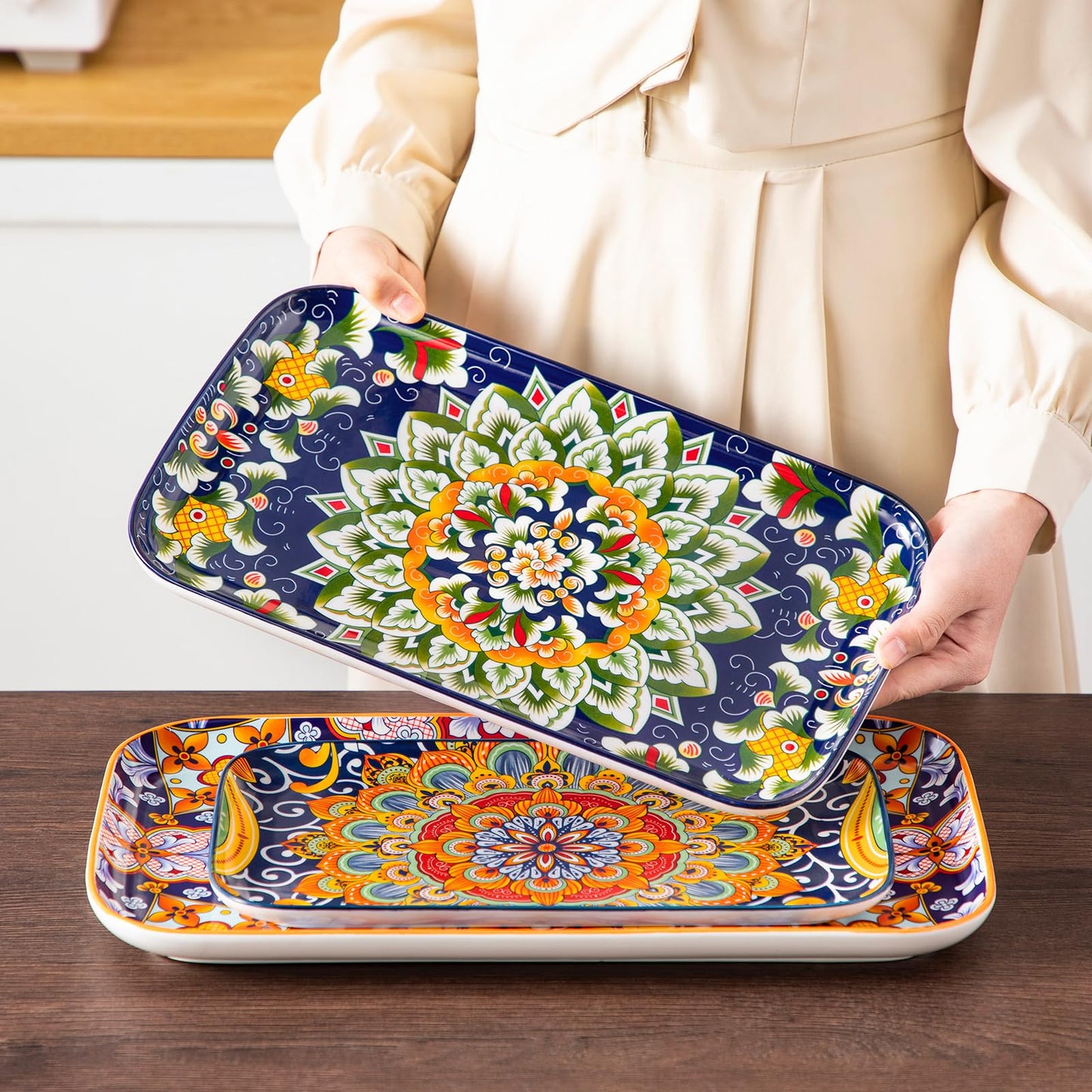 vancasso Serving Platters Set of 3, 16"/14"/12" Inch Rectangular Trays - Serving Platter Extra Large, Ceramic Bohemian Serving Dish for Entertaining Food, Microwave & Dishwasher Safe, Colorful