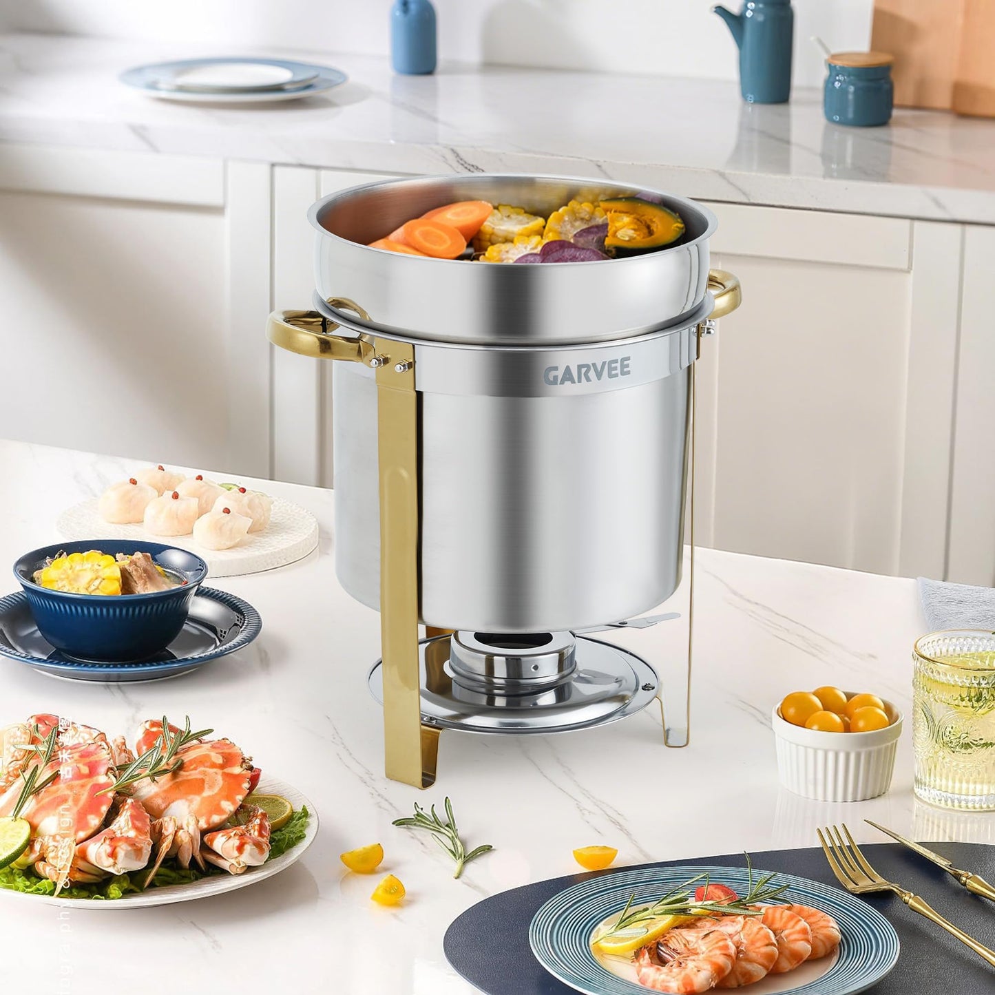 GarveeHome 11QT Round Soup Chafer Sets of 4, Commercial Soup Warmer with Pot, Notched Lids & Fuel Holders, Stainless Steel Food Warmer for Buffets Parties Wedding Banquets Catering, Gold
