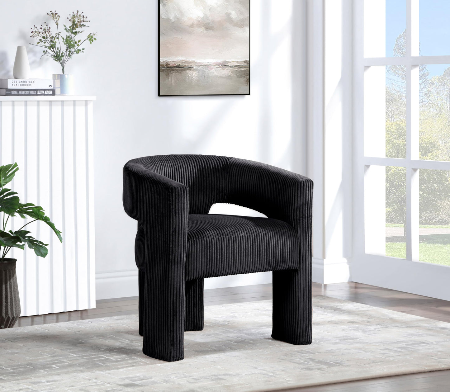 Meridian Furniture 11055Black-C Riz Collection Modern | Contemporary Accent/Dining Chair with Soft Black Microsuede Corduroy Fabric, Solid Wood Inner Frame, 26" W x 23.5" D x 28" H, Black