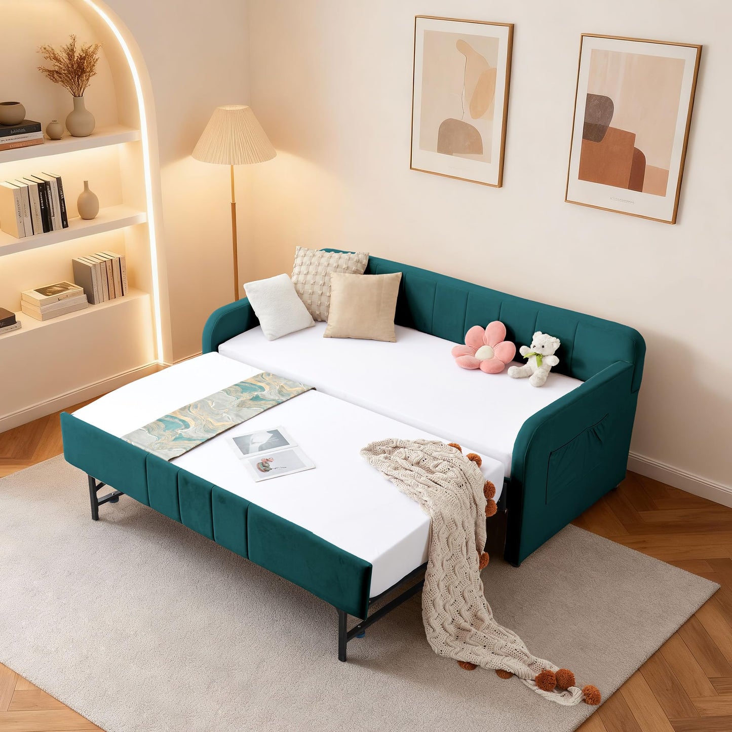 DNYN Twin Size Velvet Daybed Frame with Pop-up Trundle Bed for Bedroom Guest/Living Room, Space-Saving Upholstered Sofabed with USB Port & Side Pocket, No Box Spring Needed
