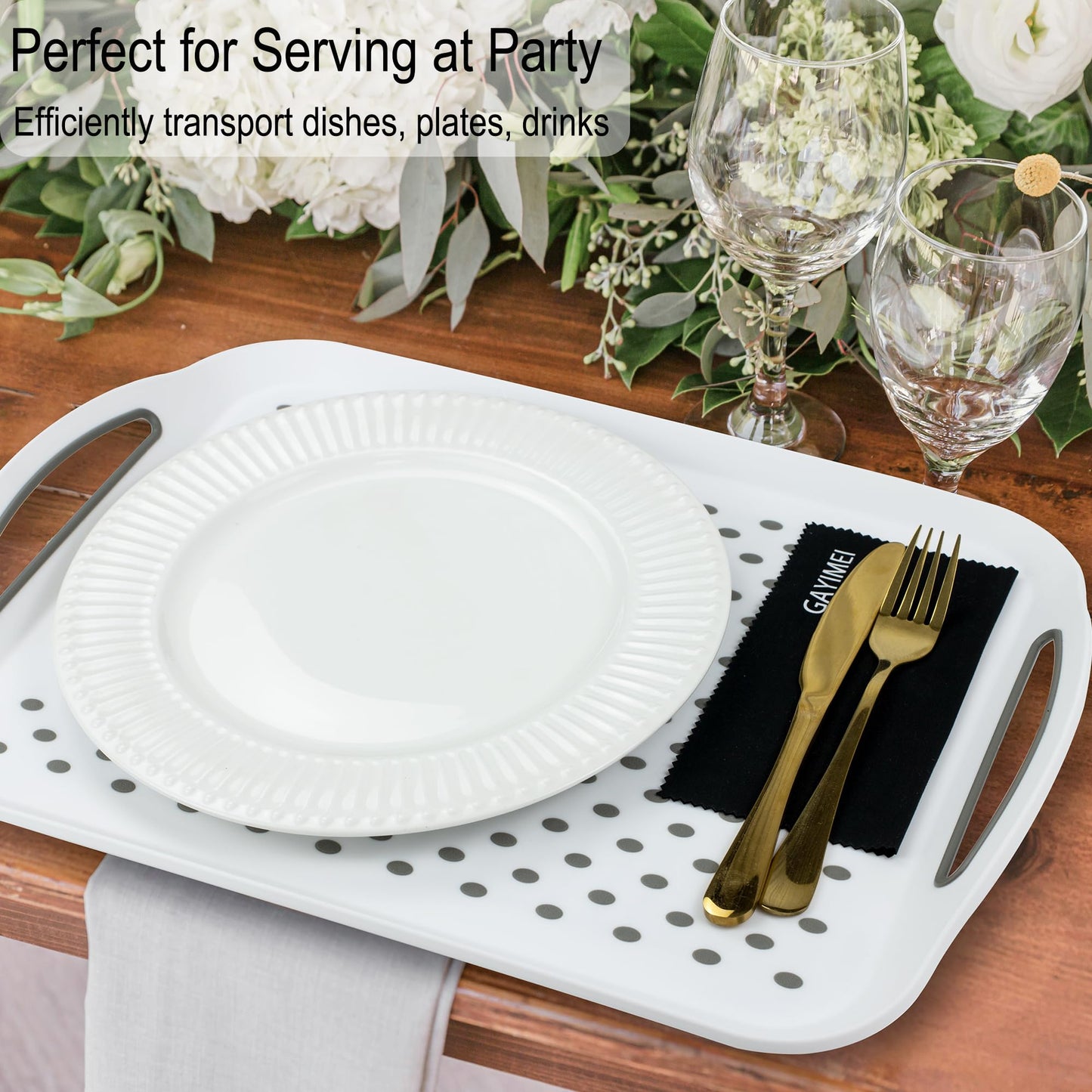 Large Anti-Slip Serving Tray with Handles, Dual Rubber Grippy Lap Food Trays for Eating, Dinning, Breakfast, on Couch/TV, Black & White - Set of 2