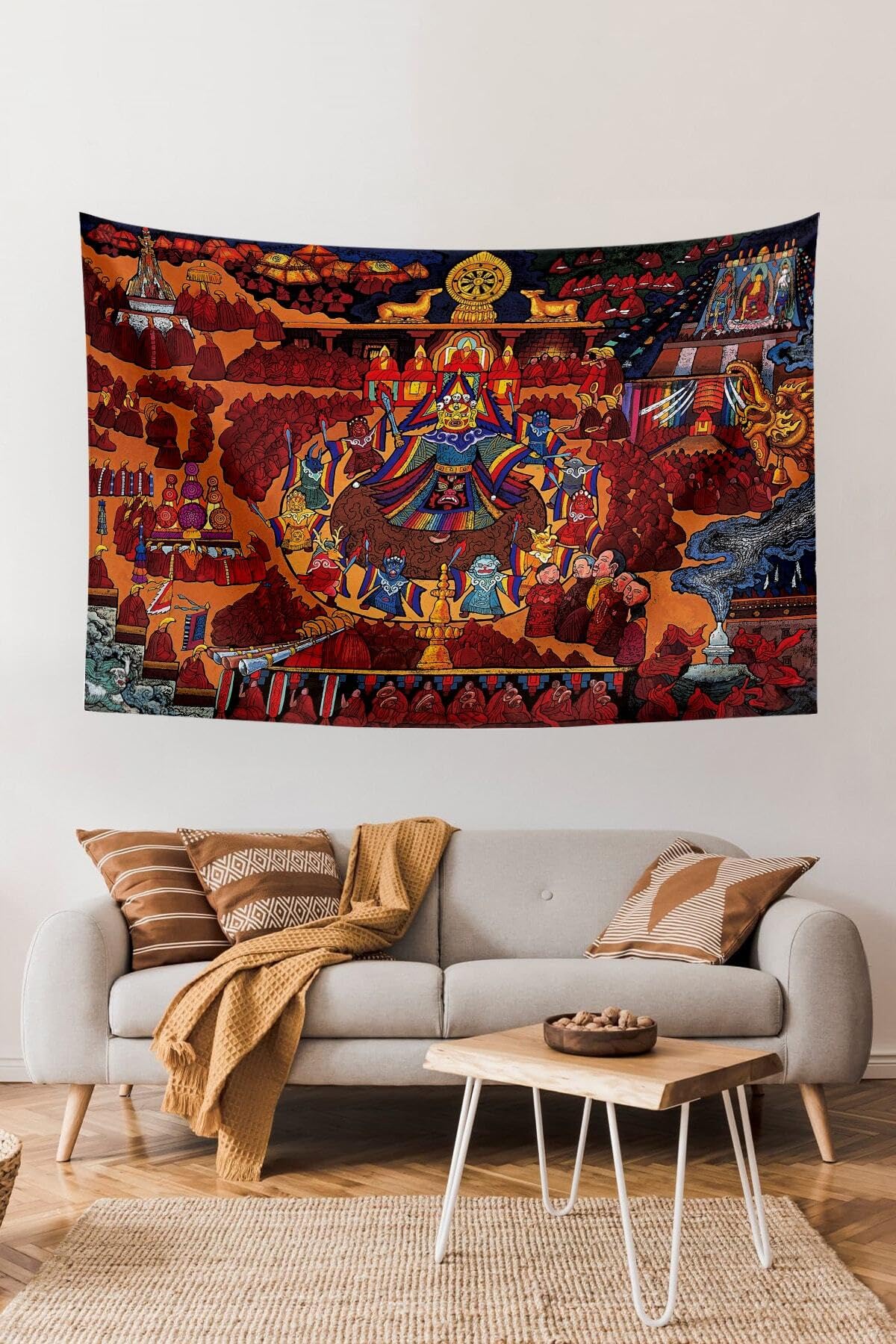 Wall Tapestry Bohemian Ethnic Tibetan Thangka Mandala Design 100% Cotton 70x100 Inches - Burgundy, 55x79 inch