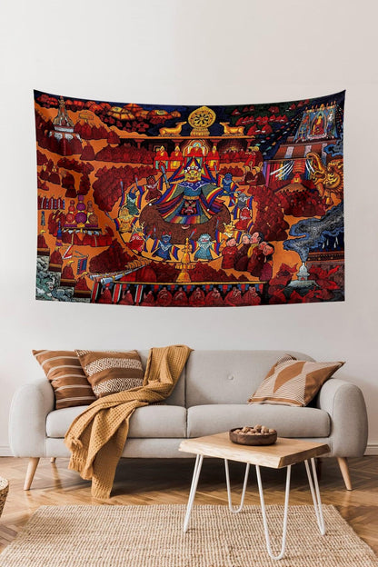 Wall Tapestry Bohemian Ethnic Tibetan Thangka Mandala Design 100% Cotton 70x100 Inches - Burgundy, 55x79 inch