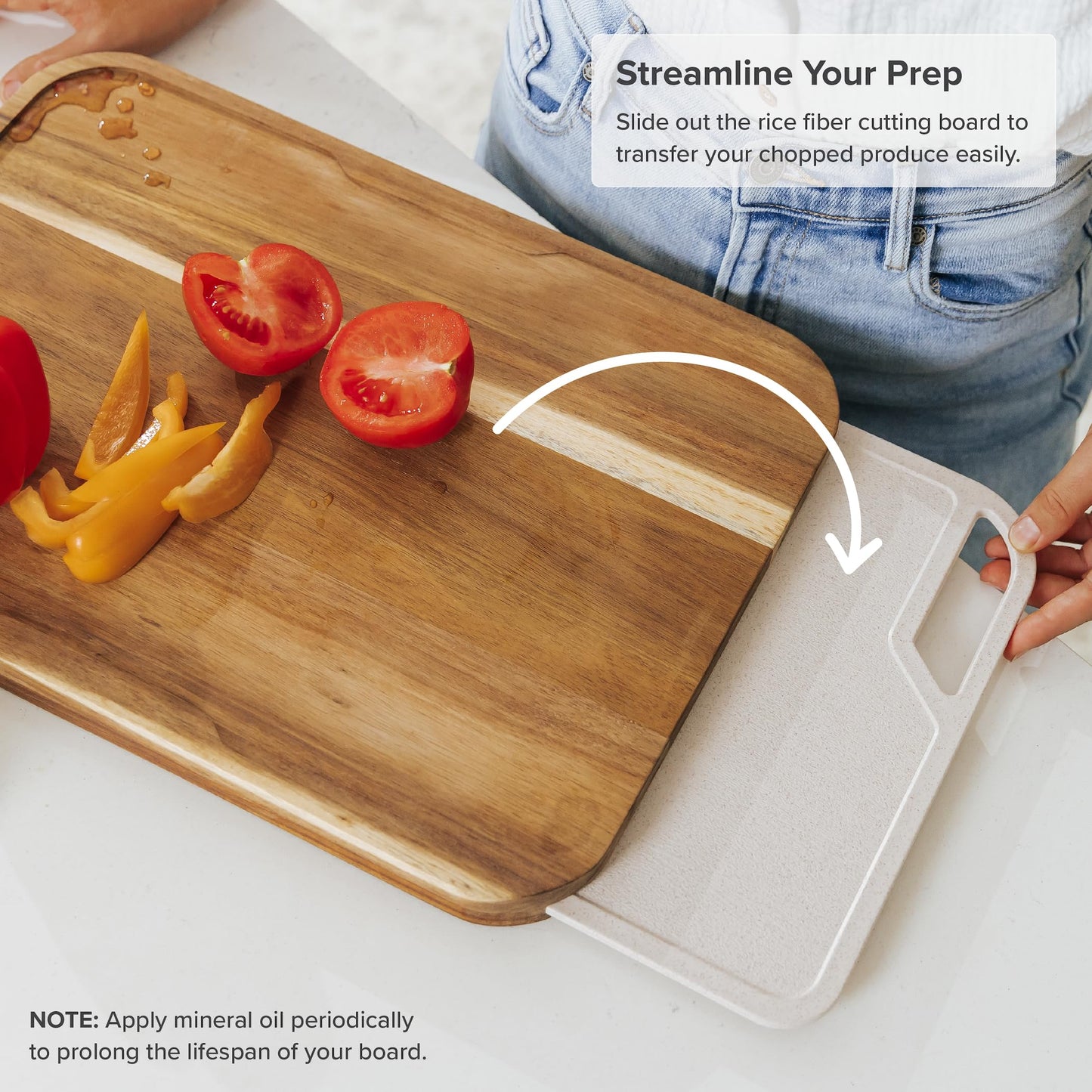 KitchenEdge Premium Acacia Cutting Board with Nesting Rice Fiber Chopping Board for Cooking Prep, 2 Piece Kitchen Set, Non-Slip Feet with Juice Groove, Heavy Duty, Pre Oiled, 17” x 12.5”