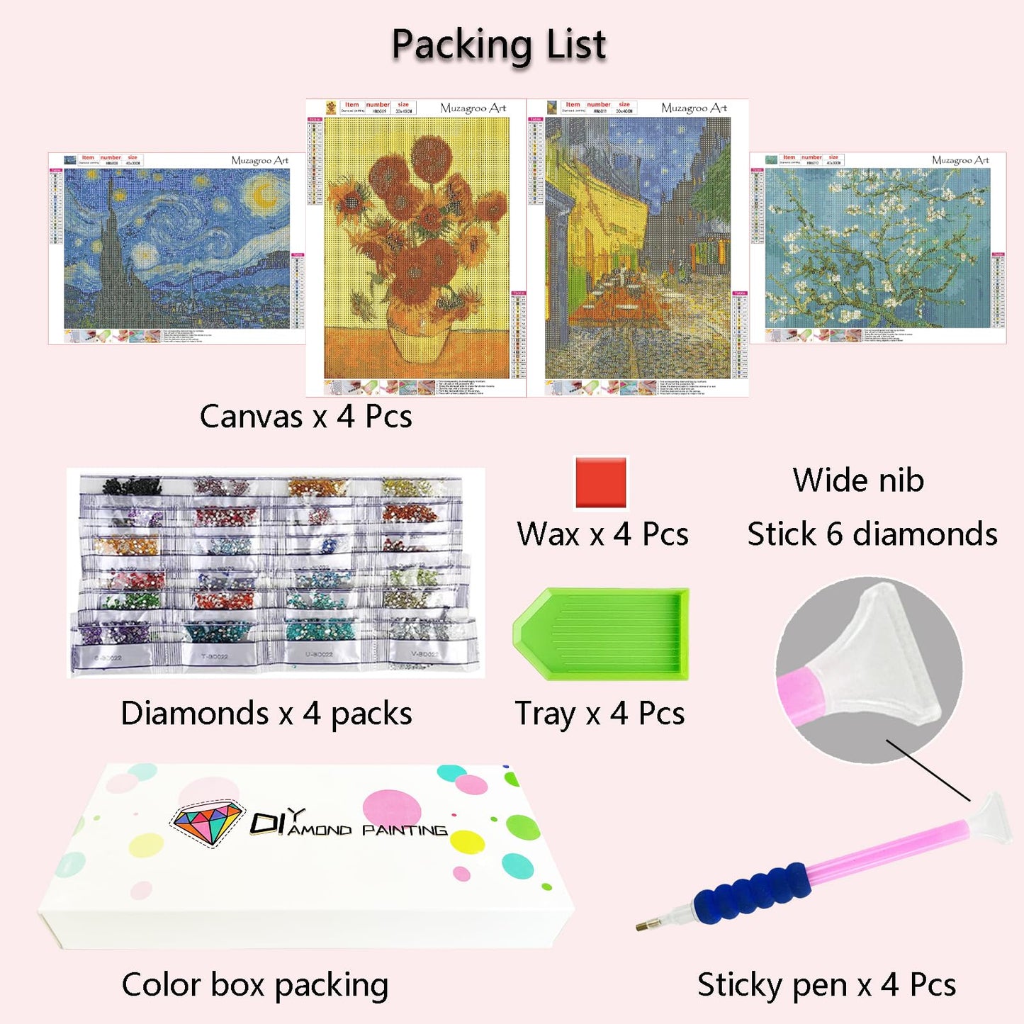 Muzagroo Art Van Gogh Diamond Painting Kits for Adults, DIY 5D Diamond Art Kits for Beginners, Starry Night Arts and Sunflower Crafts Diamond Art for Living Room, Kids Room 4 PCS Wall Art