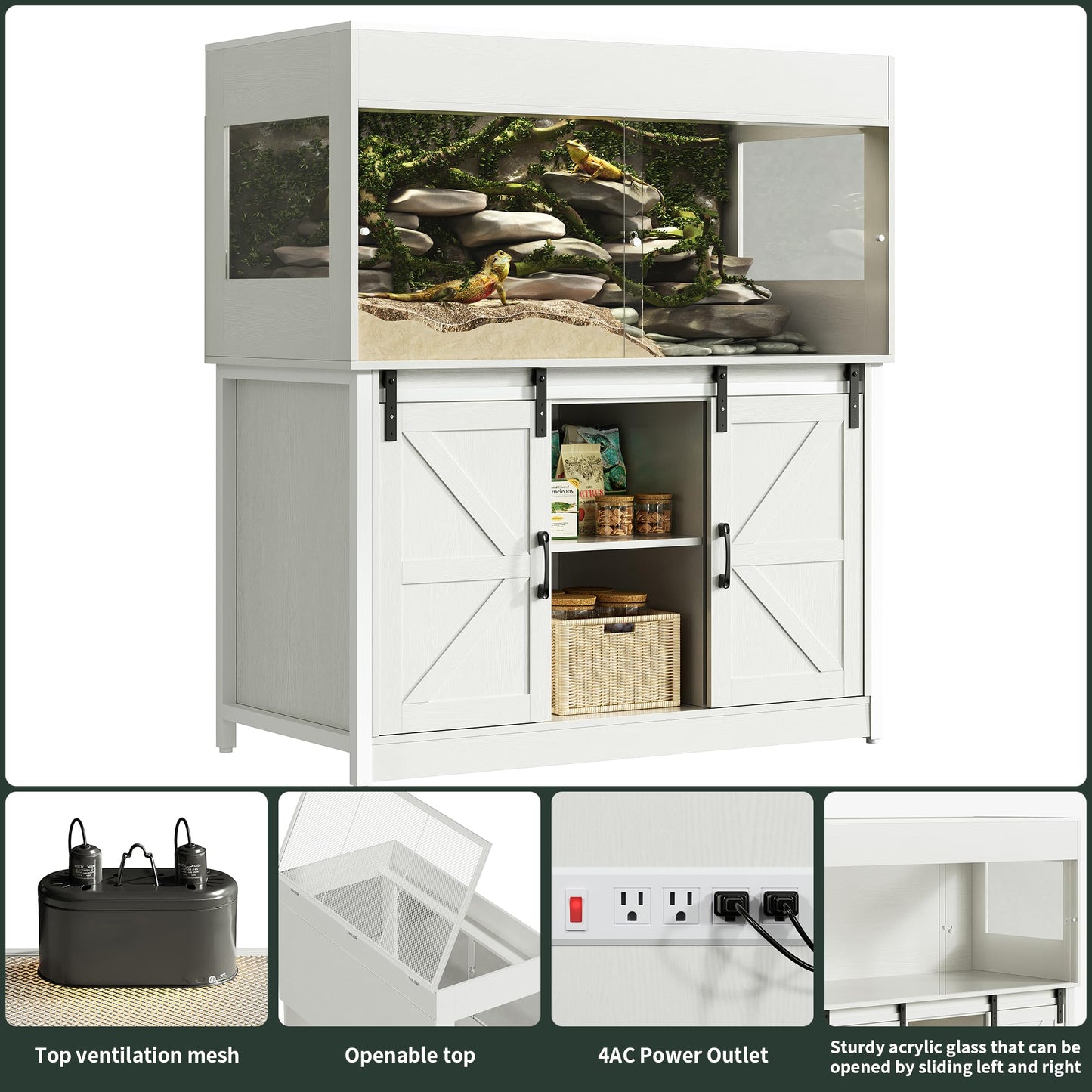 Herture 120 Gallon Reptile Terrarium with Stand, 4x2x2 Bearded Dragon Enclosure for Snakes Lizards, Large Vivarium Tank with Storage Cabinet, Acrylic Doors, Mesh Lid, Power Outlet White PX04RTWW