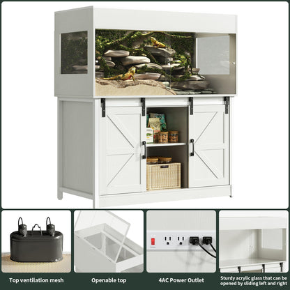 Herture 120 Gallon Reptile Terrarium with Stand, 4x2x2 Bearded Dragon Enclosure for Snakes Lizards, Large Vivarium Tank with Storage Cabinet, Acrylic Doors, Mesh Lid, Power Outlet White PX04RTWW
