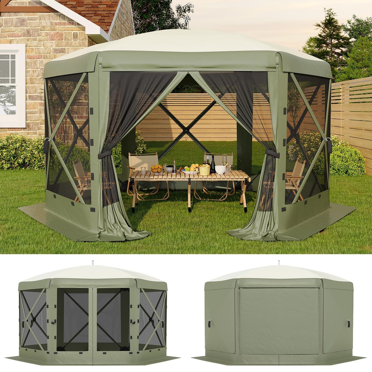 11FT Pop Up Canopy Tent with Mesh Screens – Hexagon Shelter, 6 Side Walls, 210D Polyester, 9.5mm Steel Frame, 230cm Height – Outdoor Camping Gazebo for Beach, Garden, Party, Events