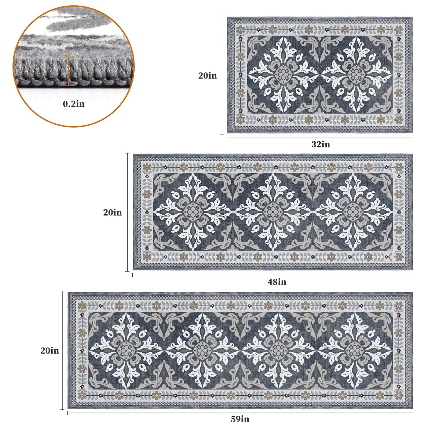 DailyCuddles 3-Piece Kitchen Rugs, Non-Slip & Washable Floor Mats, Water-Absorbent Area Pad, Standing Desk Mat for Office, Home, Doorway, Laundry, Kitchen Accessories (Grey)