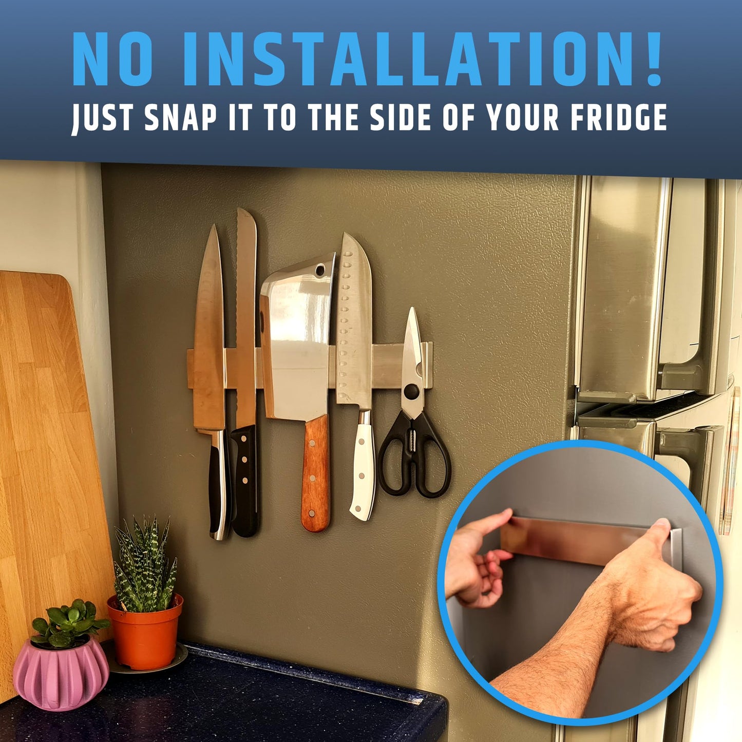 12" Premium Magnetic Knife Holder for Refrigerator (Double-Sided Heavy-Duty Magnets) - Upgraded Strip for Strong Fridge Mount - Clear Up Counter Space - 304 Anti-Rust Stainless Steel (Upgraded Design)