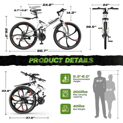 Outroad 26 Inch Folding Mountain Bike, 21 Speed Dual Disc Brake Non-Slip Folding Bikes, Full Suspension High-Carbon Steel MTB Foldable Bicycle for Adults/Women/Men, White