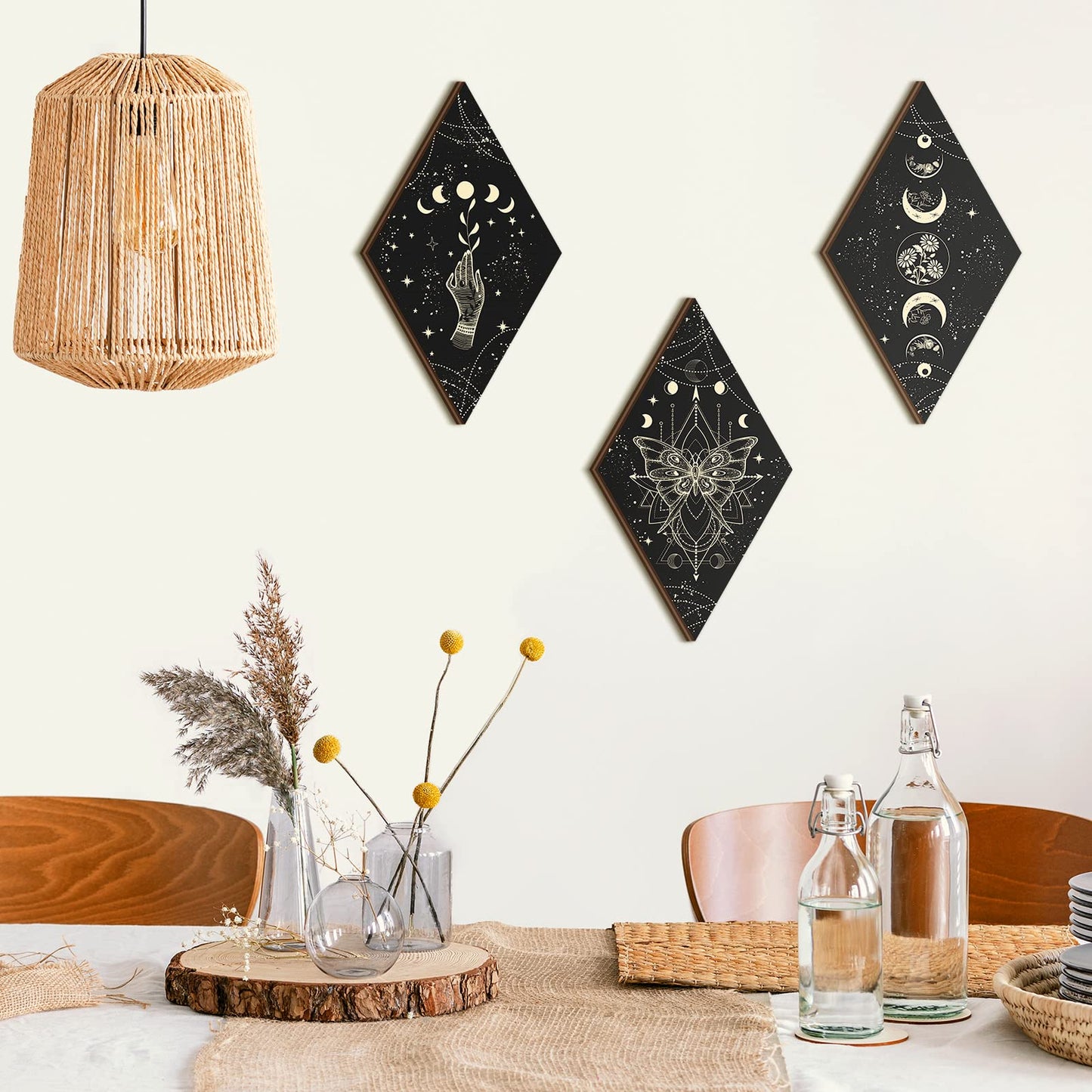 Ferraycle 3 Pcs Rustic Boho Wall Decor Moon Phases Butterfly Wall Art Stars Moon Decor Minimalist Room Decoration Wooden Gothic Witchy Pediments Hanging Sign for Home(9.5 x 16.1 Inch,Black, Gold)