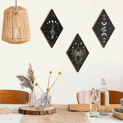 Ferraycle 3 Pcs Rustic Boho Wall Decor Moon Phases Butterfly Wall Art Stars Moon Decor Minimalist Room Decoration Wooden Gothic Witchy Pediments Hanging Sign for Home(9.5 x 16.1 Inch,Black, Gold)