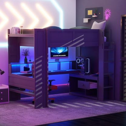 Merax Loft Bed Full Size with Gaming Desk, Mulfunctional Wood Loft Bed with Storage Shelves, Drawer and Charging Station, for Teens Adults (Dark Grey)