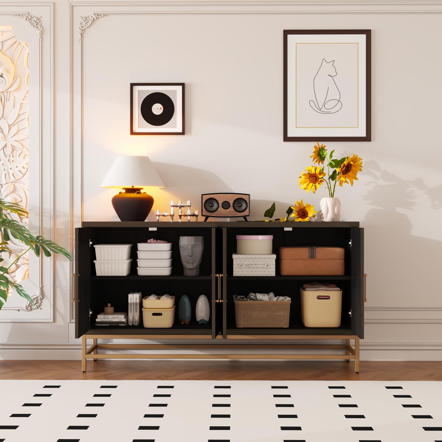 GDFStudio 60" Modern Sideboard Buffet Storage Cabinet with 4 Doors & Adjustable Shelves, Retro Coffee Bar with Metal Handles & Legs, Kitchen Cupboard Organizer for Dining Room Living Room, Espresso
